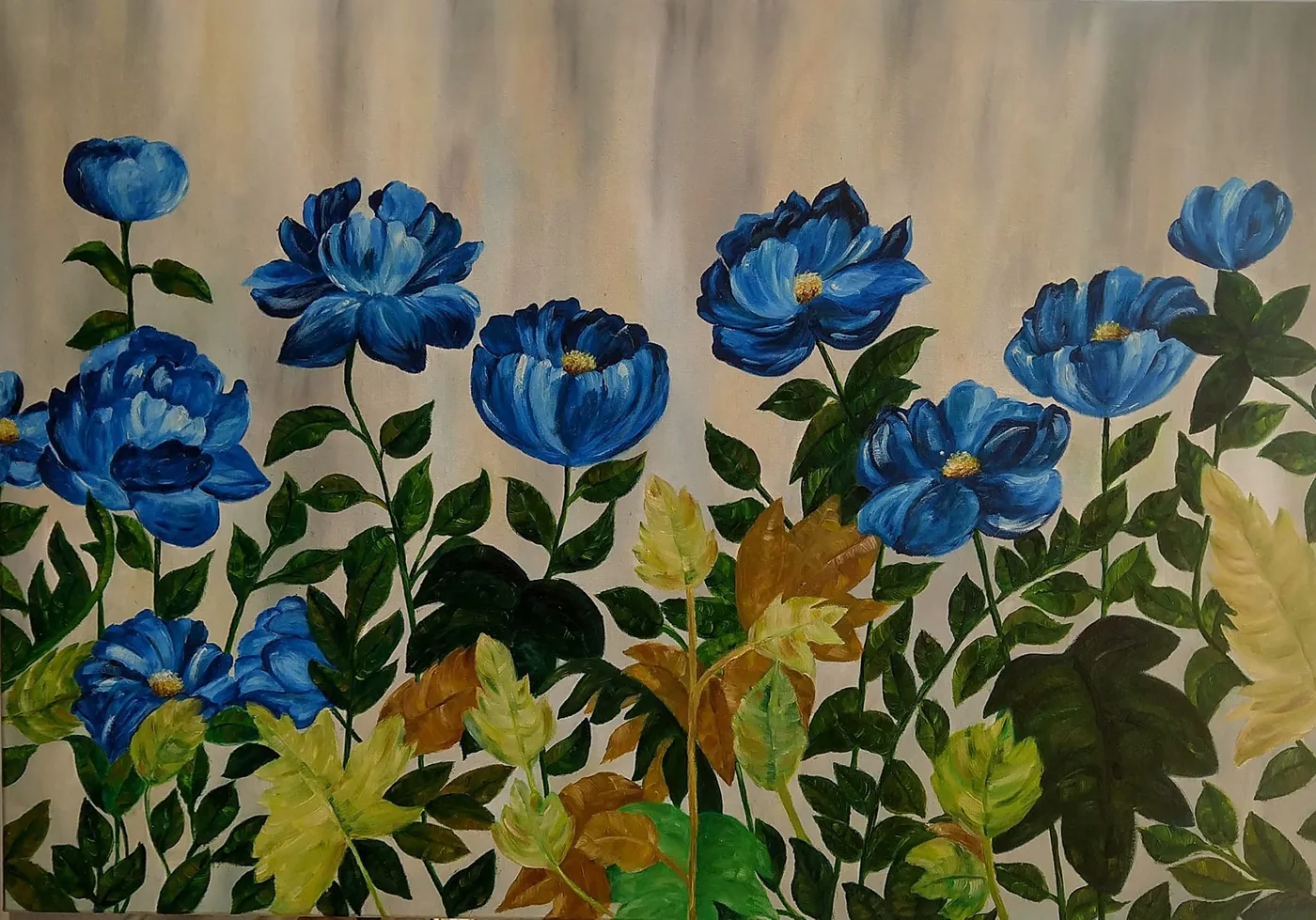 Pintura al óleo original Flores na Beira do Lago de Débora Cristina, que muestra flores silvestres con espátula gruesa a orillas de un lago sereno.